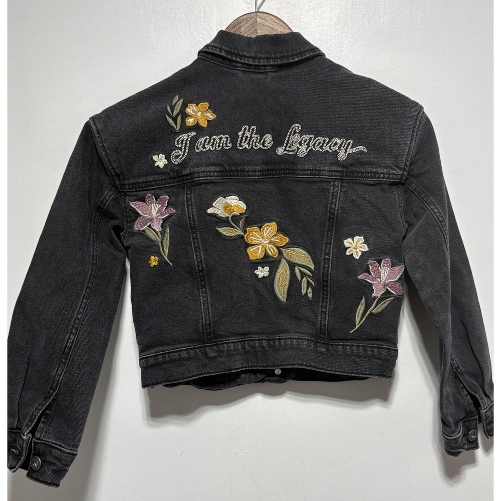 Abercrombie Kids Denim Jacket Girls Kids 9 10 Black Floral Embroidery Cropped